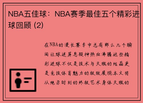 NBA五佳球：NBA赛季最佳五个精彩进球回顾 (2)