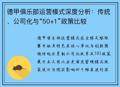 德甲俱乐部运营模式深度分析：传统、公司化与“50+1”政策比较